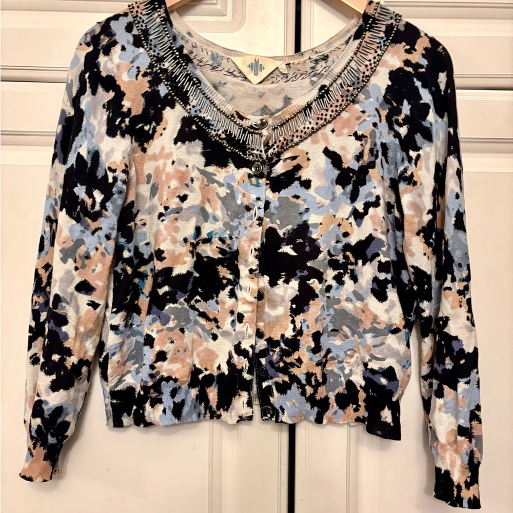 Anthropologie Floral Beaded Cardigan